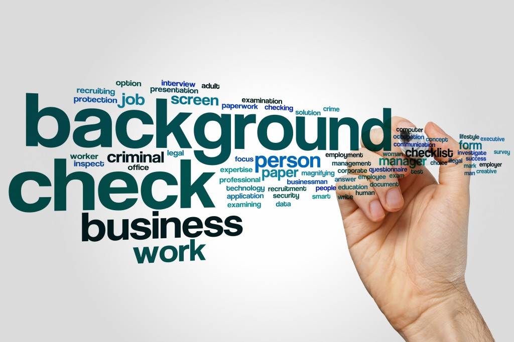 Background check word cloud concept on grey background